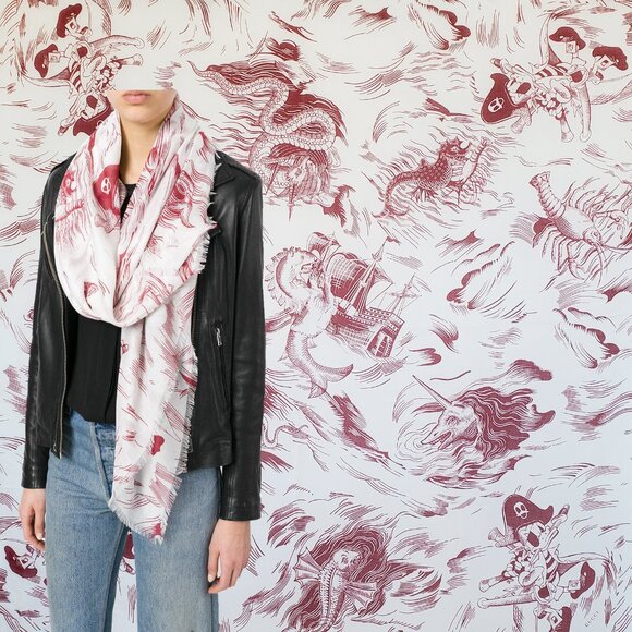 GUCCI SCARF 463508 DISNEY SEA STORM PRINT RED WHITE MODAL SILK SQUARE 55" - Picture 1 of 16